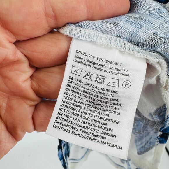 H&M Blue Floral Linen Popover Blouse White Long Sleeve Button Down Size M - Picture 8 of 10